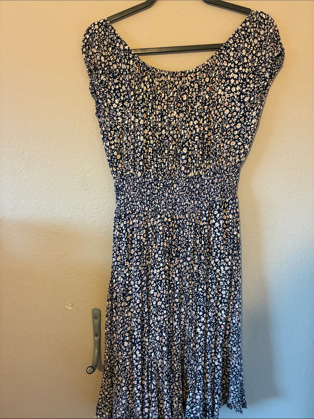 Floral Navy Blue Smocked Midi Dress. Nostalgia. Summer Dress - Picture 2 of 3